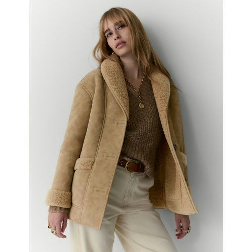 Per Una Marks & Spencer Faux Suede Shearling Aviator Jacket Beige Tan US Size‎ 8